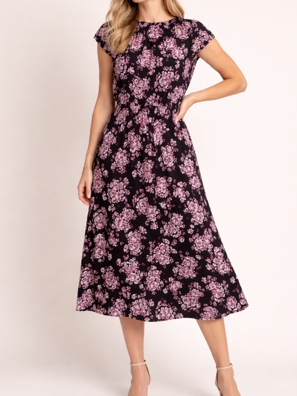 Banana Republic Black Floral Midi Dress Elastic Waist Size 14